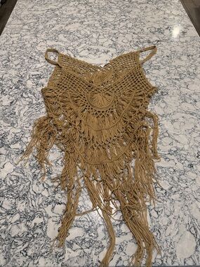 Boho Crochet Fringe Swim Coverup in Camel